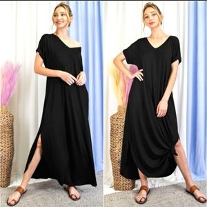 Women's Black Soft Viscose Oversized Pocket T-shirt Maxi Dress Boho